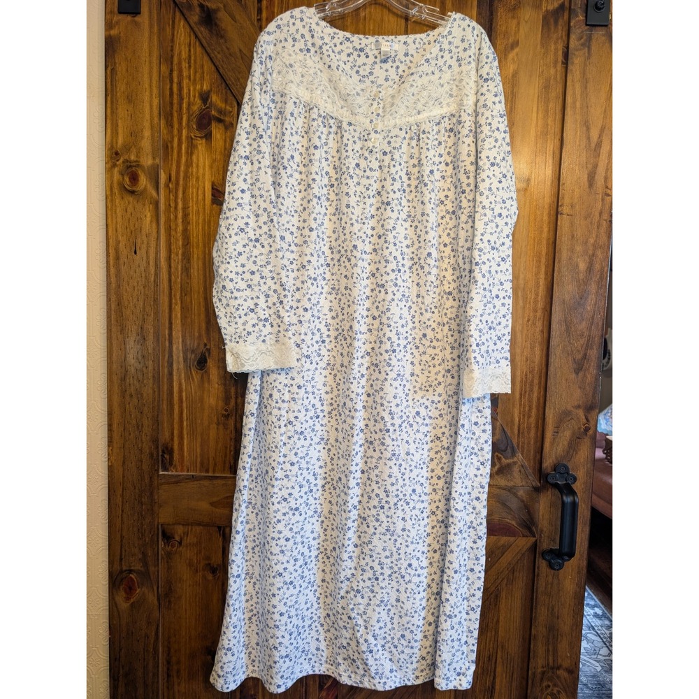 Pink K Womens 1X Nightgown Blue Floral Lace Trim Long Sleeve Pointelle Knit 50"